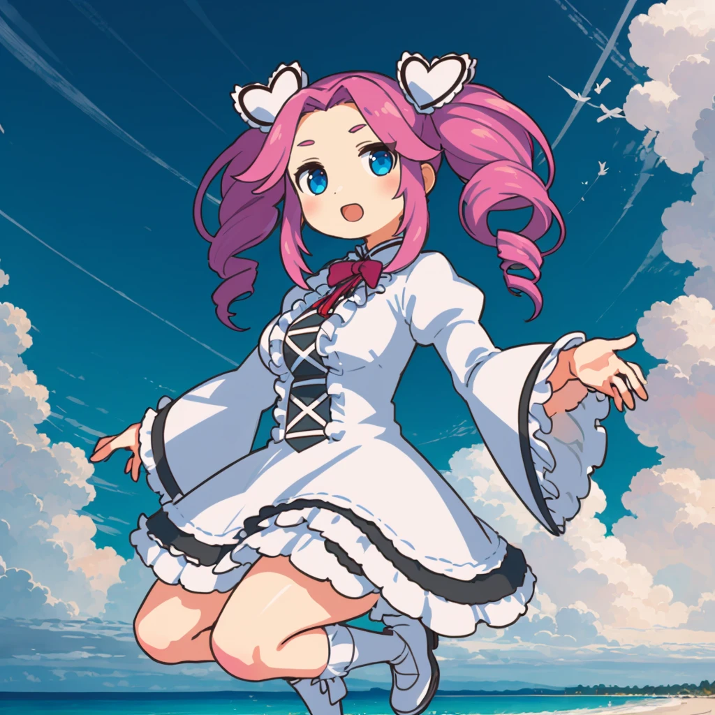 <lora:ShikokuMetan008:0.7>,solo,
ShikokuMetan,1girl,twin drill hair,
white dress,wide_sleeves,
jump,