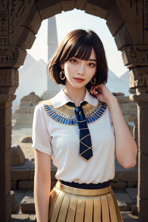 (otherworldly, otherworldly atmosphere, otherworldly appearance), highly insanely detailed, masterpiece, top quality, best quality, highres, 4k, 8k, RAW photo, (long_hair, long hair), collar, earrings, jewelry,
(random colors cloth, random colors hair, random long hair, dynamic hair, glowing hair),
long hair, eyelashes, eyeliner, makeup, hair over one eye,
(dynamic pose), (dynamic weather), (dynamic background), nsfw,
1girl, (portrait:1.2),
((ancient egyptian theme)), golden ornaments,
1girl, short hair, bob cut, bangs, smile, light blush, upper body, head tilt, ancient egyptian sailor_shirt, ancient egyptian pleated_skirt, bowtie, hair behind ear,
BREAK, (fantasy world)