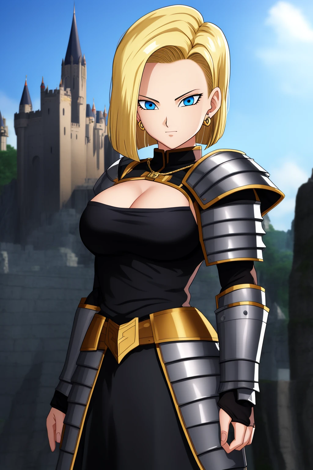 android18, 1girl, solo, breasts, looking_at_viewer, short_hair, blue_eyes, blonde_hair, cleavage, jewelry, medium_breasts, closed_mouth, standing, earrings, knight, armor, black_armor, castle, black_outfit, (perfect eyes)