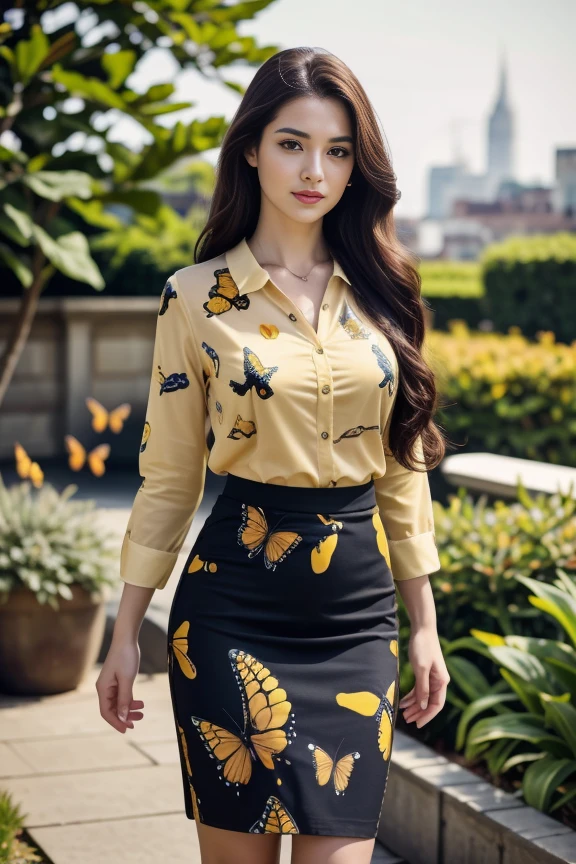 1woman, long hair, realistic, masterpiece, high detailed skin, looking at viewer, outdoor view, solo, full body shot
<lora:Butterfly_Pencil_Skirt_Blouse_By_Stable_Yogi:0.8> yellow butterfly print blouse, butterfly print pencil skirt