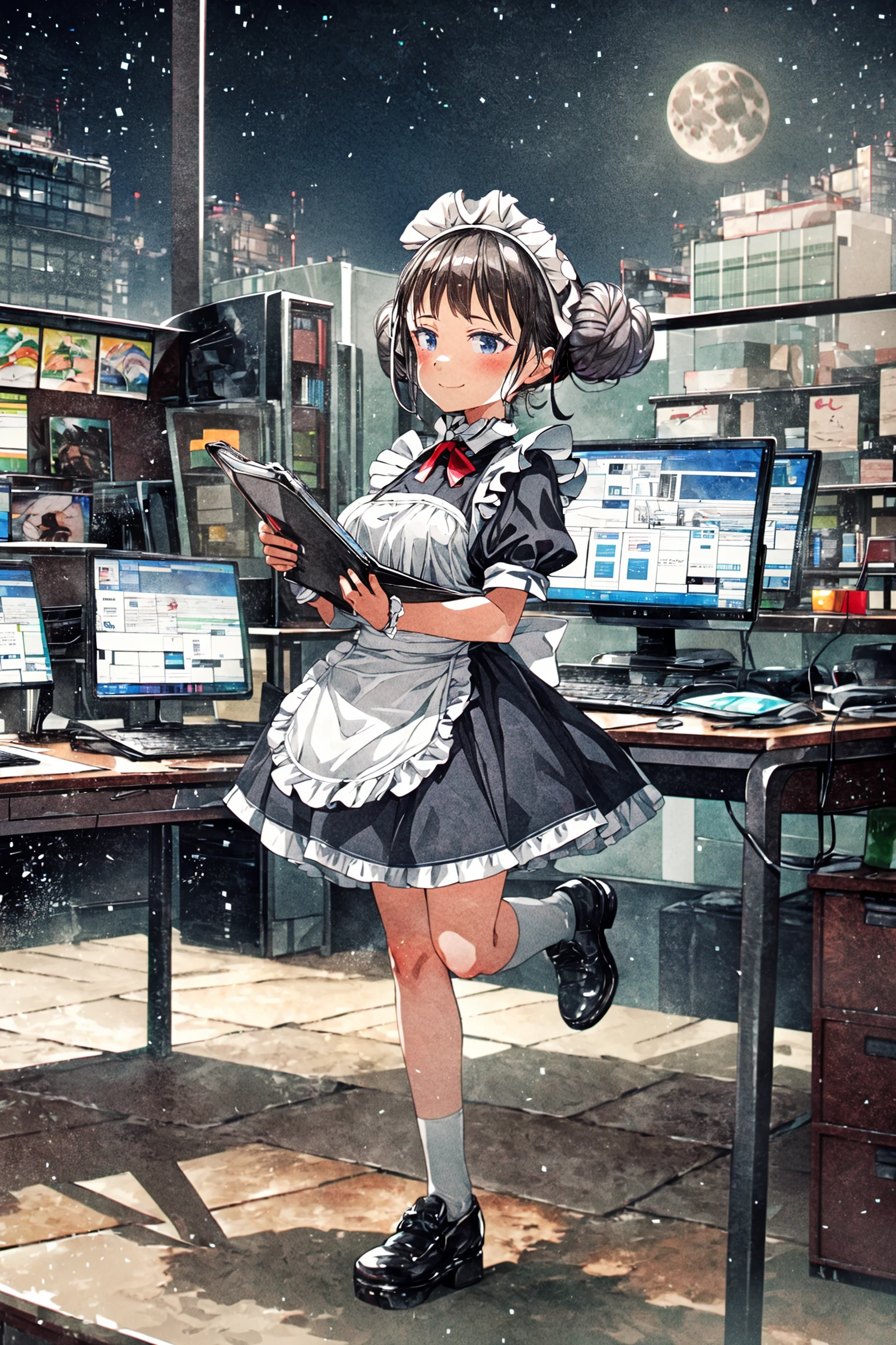 <lora:gomennasai+MEI1-000010:0.8> gomennasai+, solo, petite, outdoors, maid outfit <lora:add_detail:0.7>, scenery, (masterpiece, top quality, extremely detailed, best quality, beautiful and aesthetic:1.2), (1girl:1.3), official art, high resolution, surreal,, wide angle, wide shot, full body, office, cubicle, computers, papers, night, moon, jumping, seductive smile, double bun, short hair, twin drills, black hair