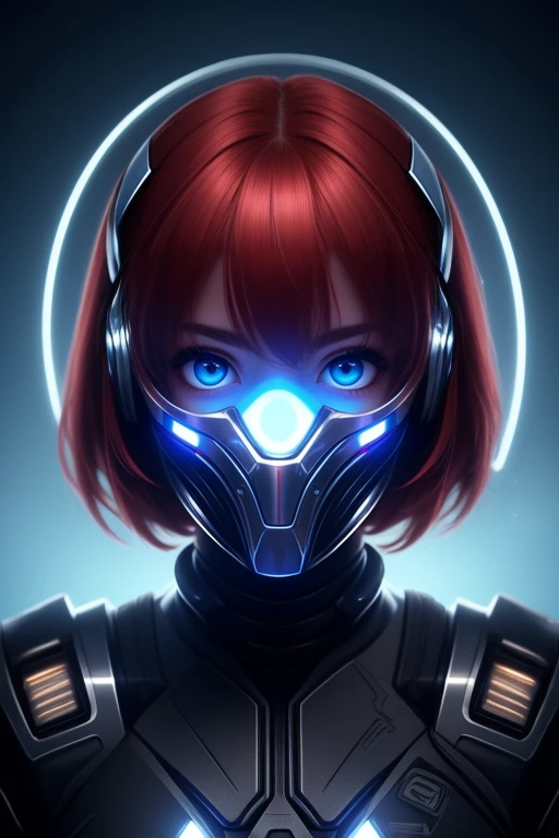 Beautiful detailed face, pretty girl, short messy red hair, big blue eyes, beautiful detailed face, red blue t-shirt, slight smile, sci-fi, assassin, covered face, metal mask, glowing eyes, exoskeleton, metallic, chrome, blue shining lights, powerful techno magic, best quality, extremely detailed