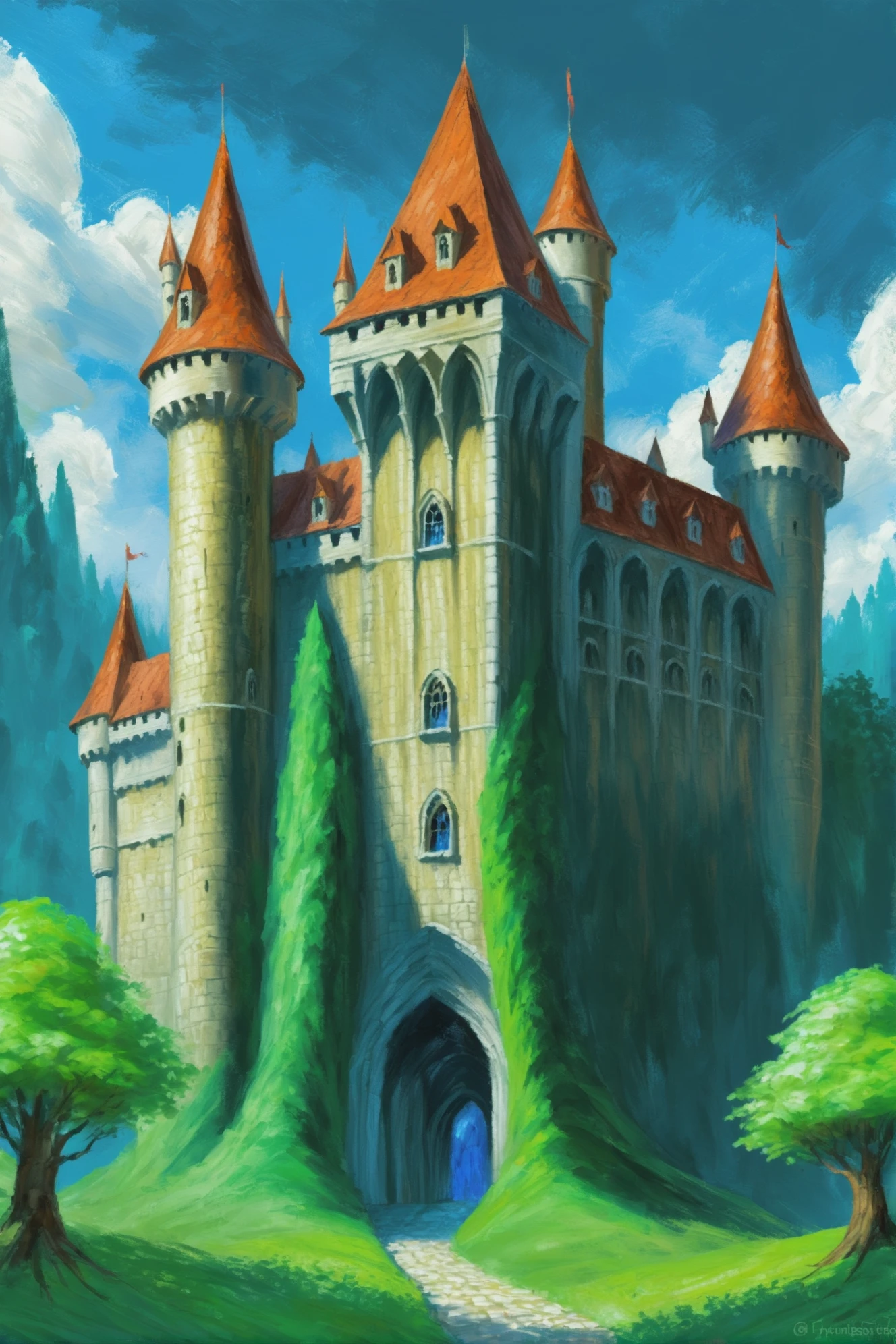 digital painting, castle in Sclerophyll Forest <lora:EnvyNormanArchitectureXL01:0.5><lora:EnvyAnimeOilXL01:1>