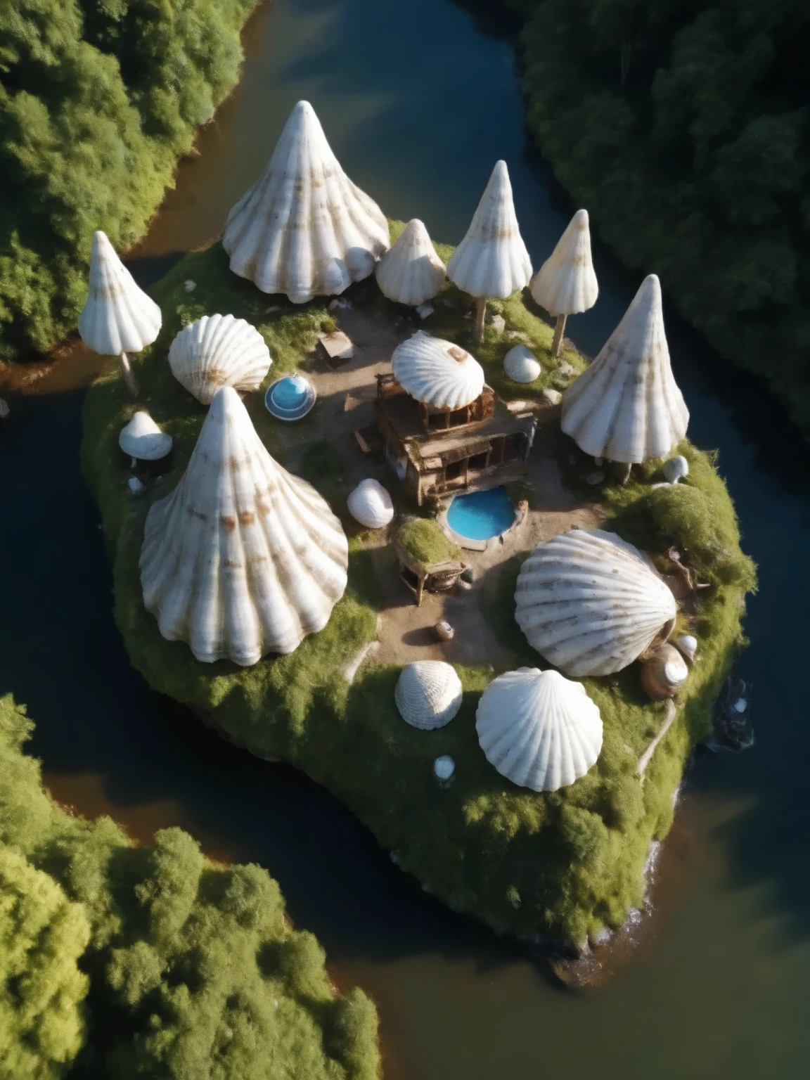 A (photograph:1.4) of A close-up aerial view of a fairy settlement built in the tree tops. A gushing river surrounds the camp. It is a high-density residential zone with a crawling marketplace. made of a bunch of patterned rk-shells