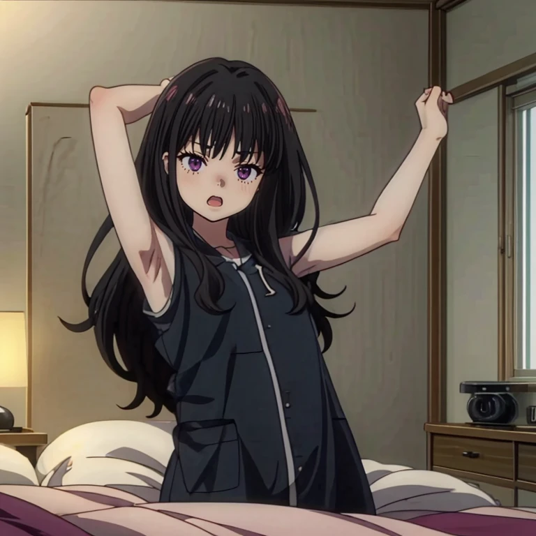 ((top quality, 8k wallpaper)),(masterpiece, best quality),extremely detailed,high definition,(official art:1.3),(((anime screencap,black outline))),<lora:more_details:0.3>,<lora:LCM_LoRA_Weights_SD15:1>,1girl,solo,sleepy,wavy mouth,wince,
BREAK
<lora:takina_inoue_v1:0.75>,takina inoue,purple eyes,black hair,long hair,black pajamas,
BREAK
<lora:wakeUp:0.4>,(((waking up, bed, stretching, arms up,sleepy,open mouth,wince,lying on bed))),yawning,morning,bed sheet,blanket,pillow,