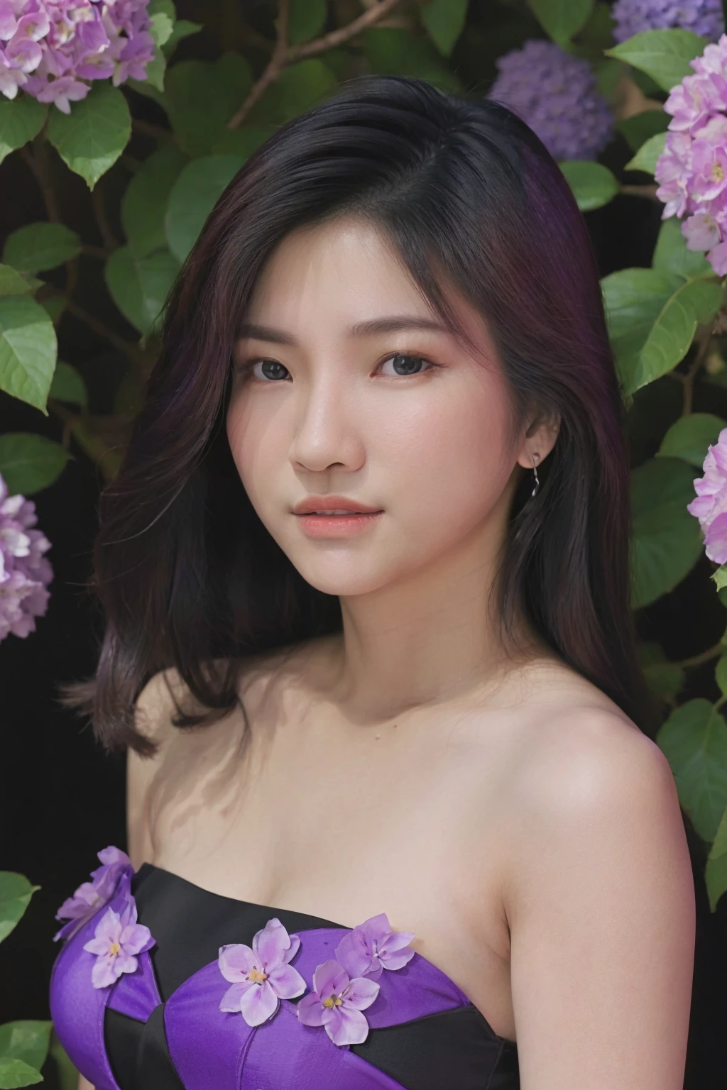 Woman, purple black dress, best quality, photorealistic,Photo studio background,Purple Flowers Around,looking at viewer,IsteriVirtualEp2