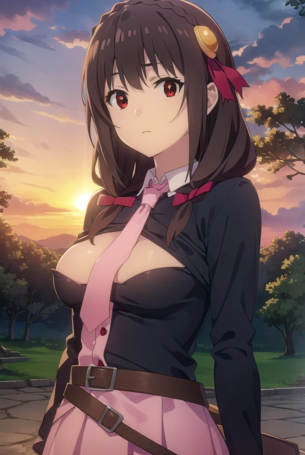 konosubayunyun, <lora:konosuba yunyun movie-lora-nochekaiser:1>,
yunyun, long hair, brown hair, hair ornament, (red eyes:1.3), bow, ribbon, twintails, braid, hair bow,
BREAK skirt, long sleeves, necktie, belt, clothing cutout, cleavage cutout, pink skirt, pink necktie,
BREAK outdoor, forest, nature, trees, village, sky, sun, clouds,
BREAK looking at viewer, (cowboy shot:1.5),
BREAK <lyco:GoodHands-beta2:1>, (masterpiece:1.2), best quality, high resolution, unity 8k wallpaper, (illustration:0.8), (beautiful detailed eyes:1.6), extremely detailed face, perfect lighting, extremely detailed CG, (perfect hands, perfect anatomy),