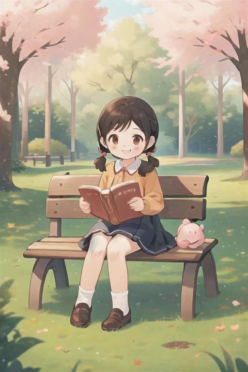 (masterpiece), (best quality), (extremely detailed), photo realistic, ((A child,small cute plush ball erringsï¼pigtailsï¼jumper skirt, A charming smile, reading picture-story book)), Parks, lawns, cherry trees, benches,