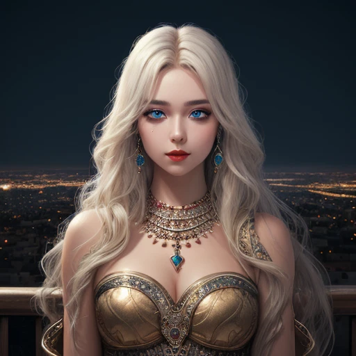 fantasy beauty: a mysterious and charming girl,have long hair,light -colored eye shadow and gorgeous jewelry,<lora:é»çç稿:1>,, masterpiece,best quality,CG 8k wallpaper,illustration,absurdres, city lights,