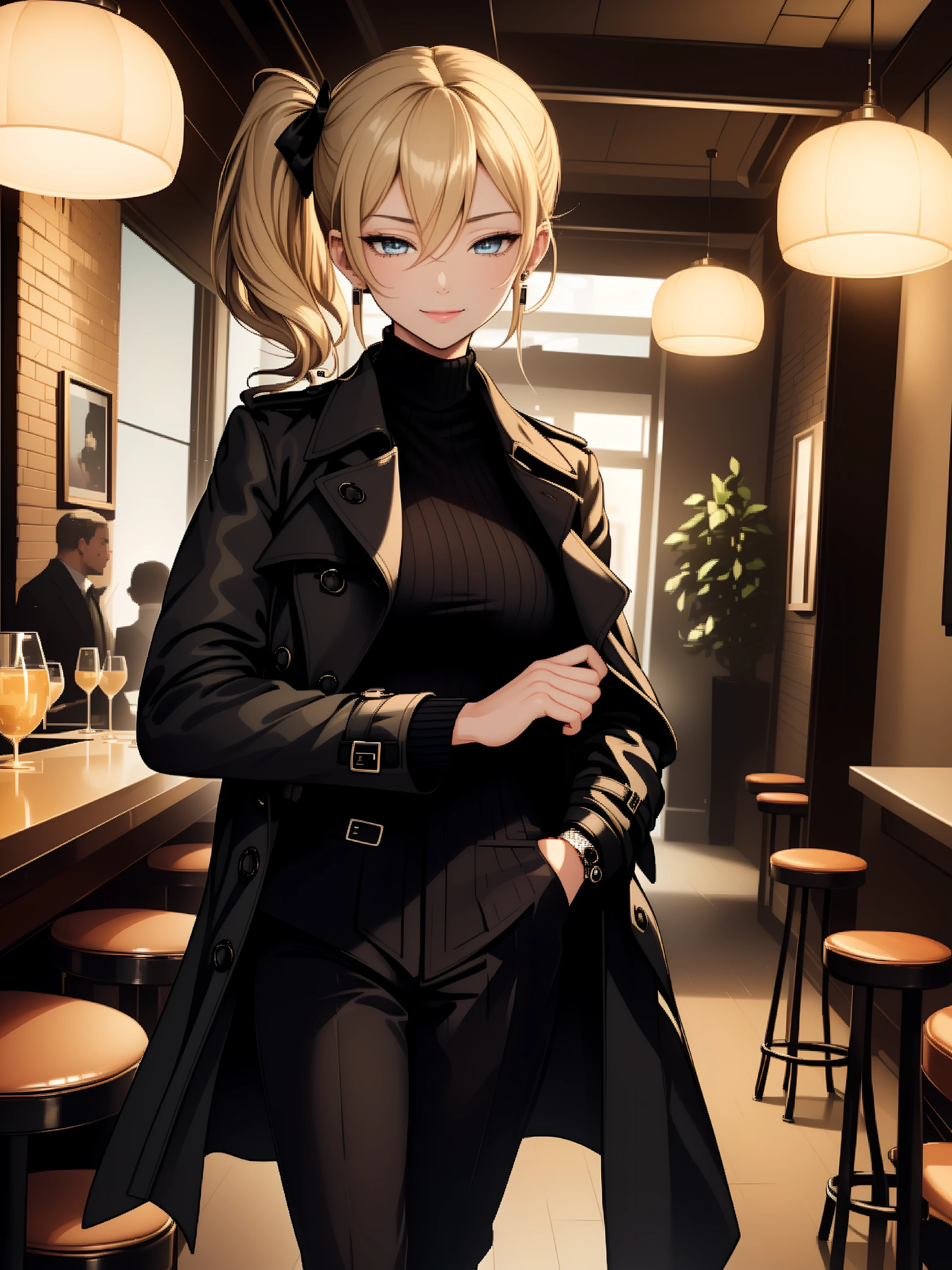 ((extremely detailed illustration)), highres, ((extremely detailed and beautiful background)), (professional illustrasion), (official art), ((Ultra-precise depiction)), ((Ultra-detailed depiction)), (beautiful:1.2 and aesthetic:1.2), beautiful detailed, intricate:1.1,
(butler girl), blue eyes, (half-closed eyes), bored, blonde hair, medium hair, (asymmetrical hair), (side ponytail), (hair between eyes), oily skin, thin pubic hair, Long Sleeve Shirts, Black socks, butler uniform, faithful, annoyed, smile politely,
((Tailored dark trousers paired with a turtleneck sweater)). ((Layering it with a classic trench coat and comfortable yet stylish sneakers)). Completing the look with stud earrings for a touch of elegance.,
Step into a retro-modern bar with a mix of vintage and contemporary elements. The ambient lighting and stylish decor create a sophisticated yet laid-back atmosphere.,