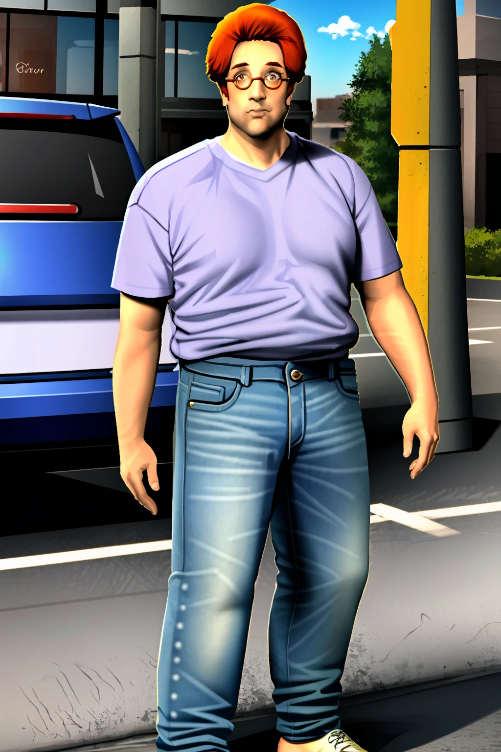 1boy,,hilarykingvc,standing,glasses,purple shirt,denim,jeans, <lora:HilaryKingVC:0.85>,full body,standing besides convertible car,in city,concrete <lora:LORA-XenoDetailer-v2:0.1>