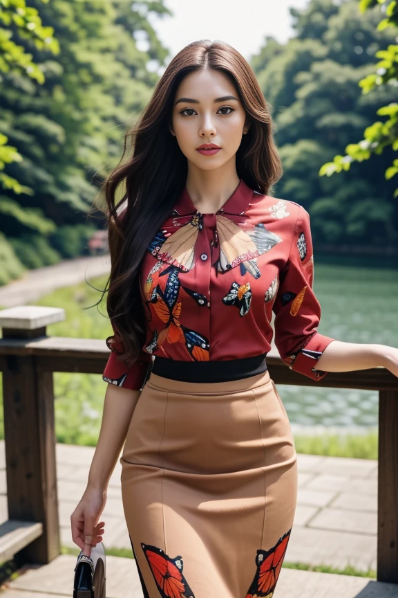 1woman, long hair, realistic, masterpiece, high detailed skin, looking at viewer, outdoor view, solo, full body shot
<lora:Butterfly_Pencil_Skirt_Blouse_By_Stable_Yogi:0.8> red butterfly print blouse, butterfly print pencil skirt