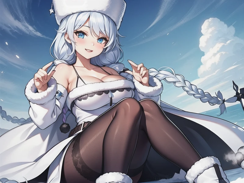 <lora:Avrora_v2:1>def, microdress, white dress, sleeveless, armguards, belt, black pantyhose, ushanka, knee boots