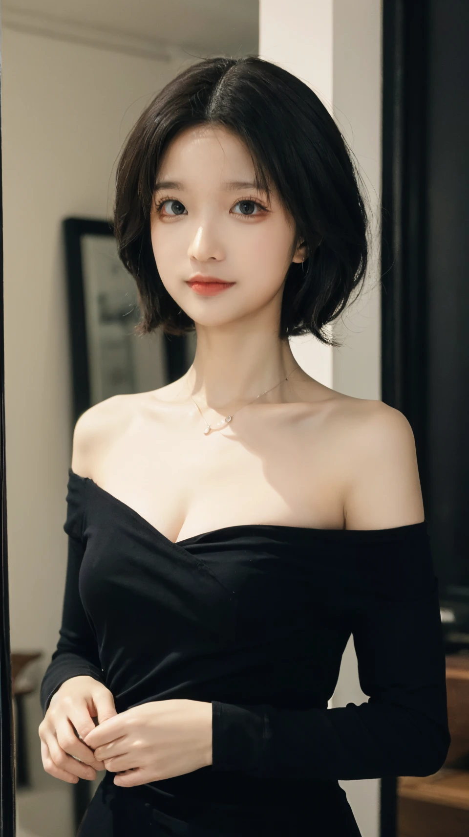 raw photos, best quality, masterpiece, epic, highest detail, 26 years old, japanese lady, solo, look up me, upper body only, darkgray t-shirt, off shoulder, black short hair, small breast, serious face, split lips, standing in the park, indoor