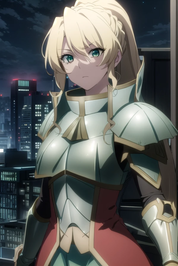 alicetariafebruary, <lora:alicetaria february s1-lora-nochekaiser:1>,
alicetaria february, long hair, (green eyes:1.3), blonde hair, ponytail, braid,
BREAK skirt, cape, armor, gauntlets, breastplate, red cape,
BREAK outdoor, city, night, sky, buildings, moon, clouds,
BREAK looking at viewer, (cowboy shot:1.5),
BREAK <lyco:GoodHands-beta2:1>, (masterpiece:1.2), best quality, high resolution, unity 8k wallpaper, (illustration:0.8), (beautiful detailed eyes:1.6), extremely detailed face, perfect lighting, extremely detailed CG, (perfect hands, perfect anatomy),
