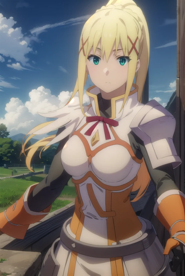 lalatinadustinessford, <lora:lalatina dustiness ford movie-lora-nochekaiser:1>, 
lalatina dustiness ford, darkness \(konosuba\), long hair, (green eyes:1.3), blonde hair, hair ornament, ponytail, braid, x hair ornament,
BREAK gloves, armor, bodysuit, shoulder armor, armored dress,
BREAK outdoor, forest, nature, trees, village, sky, sun, clouds,
BREAK looking at viewer, (cowboy shot:1.5),
BREAK <lyco:GoodHands-beta2:1>, (masterpiece:1.2), best quality, high resolution, unity 8k wallpaper, (illustration:0.8), (beautiful detailed eyes:1.6), extremely detailed face, perfect lighting, extremely detailed CG, (perfect hands, perfect anatomy),