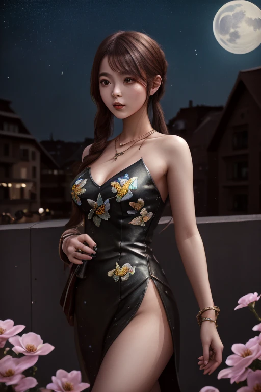 full shot,<lora:T1-000016:1>,. trendy girl: a young woman who echoes the current fashion style,with cool clothes and noble temperament,several butterflies,starlight,moon,around flowers,, masterpiece,best quality,CG 8k wallpaper,illustration,absurdres, city lights,