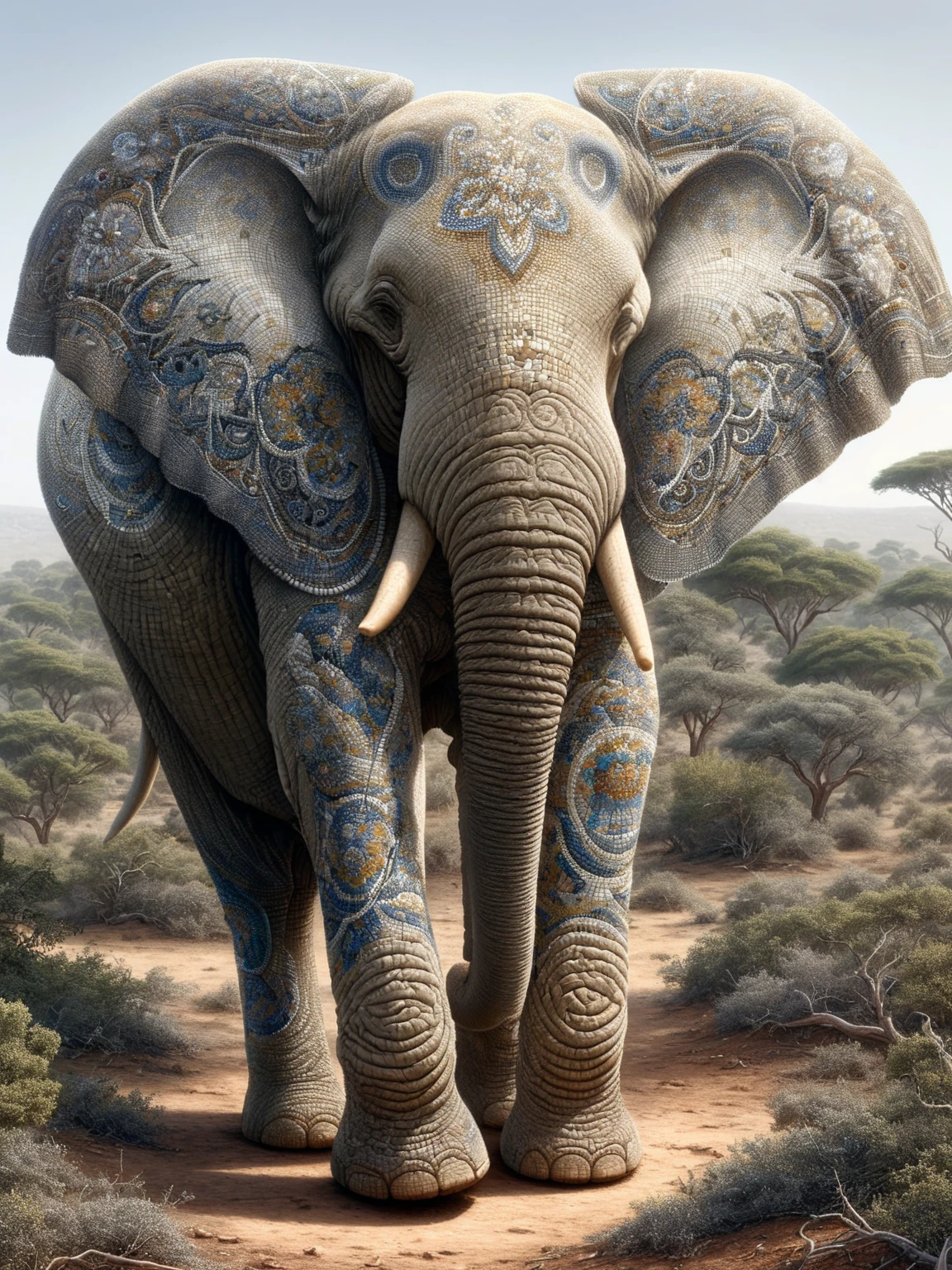 An intricate ais-mosaic Elephant on scrub land <lora:Mosaic_Texture_SDXL:1>