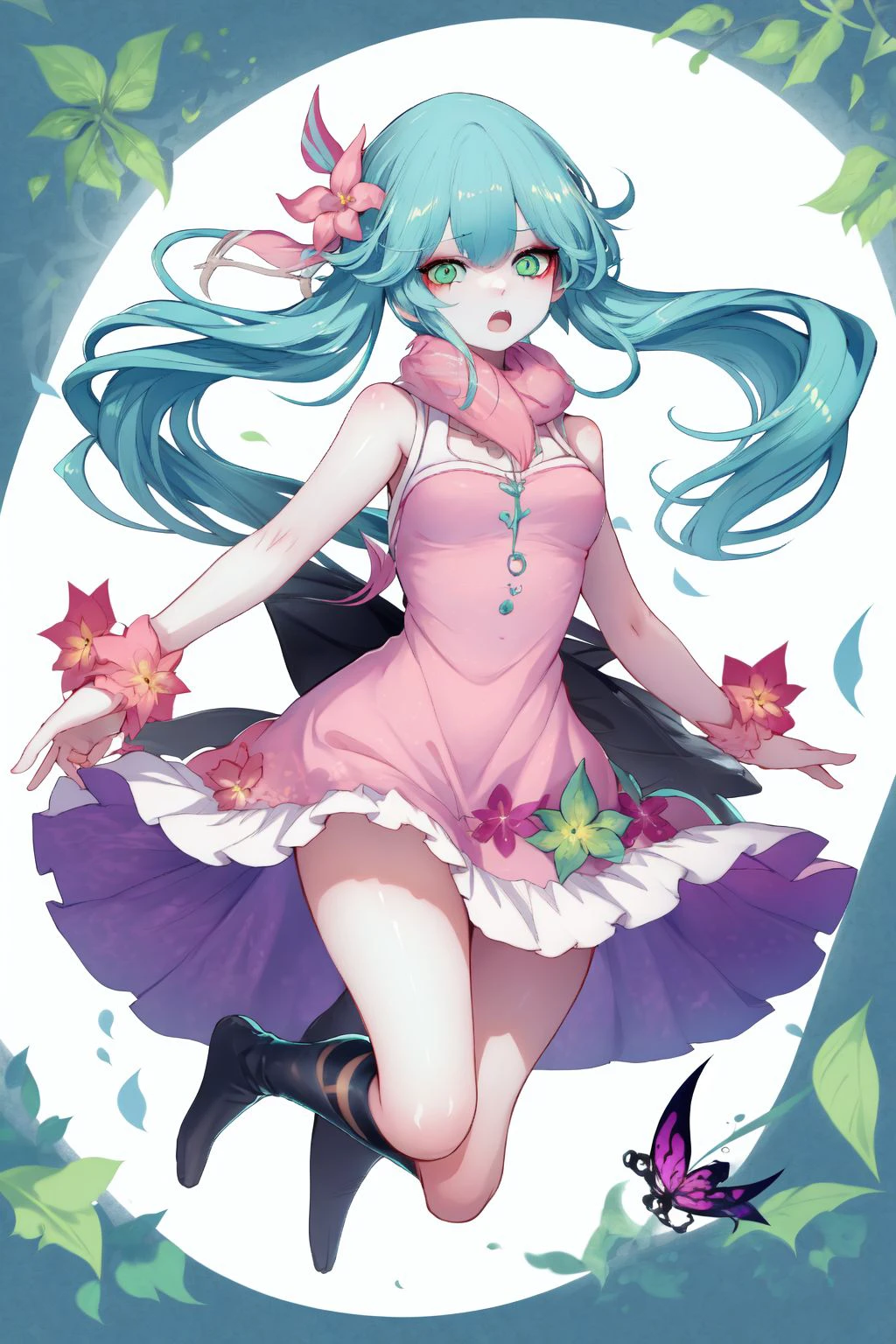 full body, solo, 1girl, surprised, jumping aqua hair, cornrows, green eyes, pink sleeveless shirt, Lilly-of-the-Valley \(flower\), floral background <lora:Sheya_style_v01.10.10.01:1>