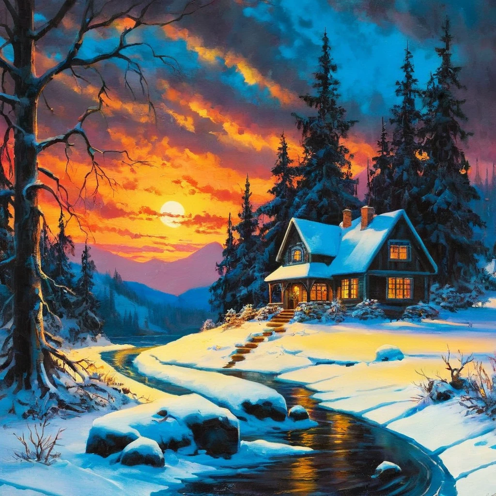 Dark Fantasy Art of <lora:Dark Art Painting Style:1>
a painting of a sunset over a snowy landscape dark art painting style, dark, moody, dark fantasy style