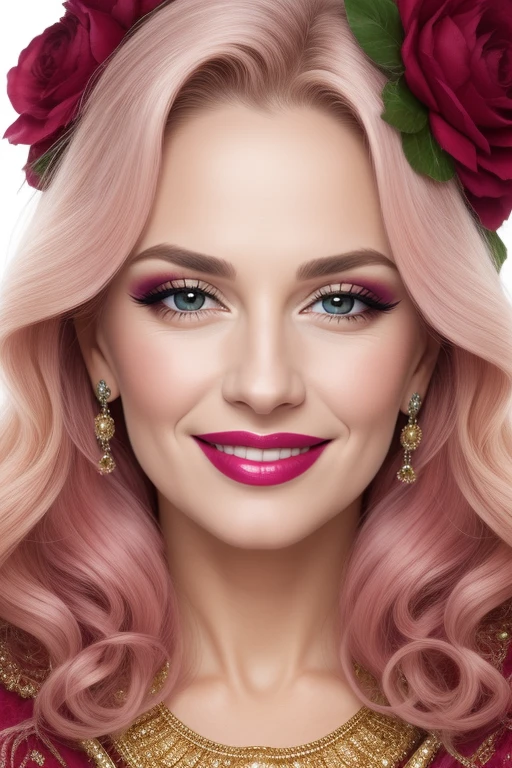 beautiful detailed portrait, beautiful mature wizard woman, beautiful detailed face, makeup, lipstick, charming smile, blushing, best quality, extemely detailed