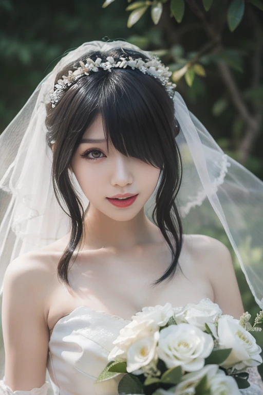 ltra-detailed,highly detailed,best quality,masterpiece,illustration,realistic,photorealistic,
tokisaki kurumi,huajia, 1girl, solo,cowboy shot,
wedding dress, 
looking at viewer, 
outdoors, nature, grass, flower, floating hair, wind,
 <lora:tokisaki kurumi huajia_v8_06:0.7>