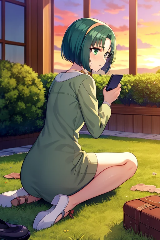 akimotokomachi, full body, grass, cup, looking back, sweatdrop, holding phone, sunset, shoes, green theme