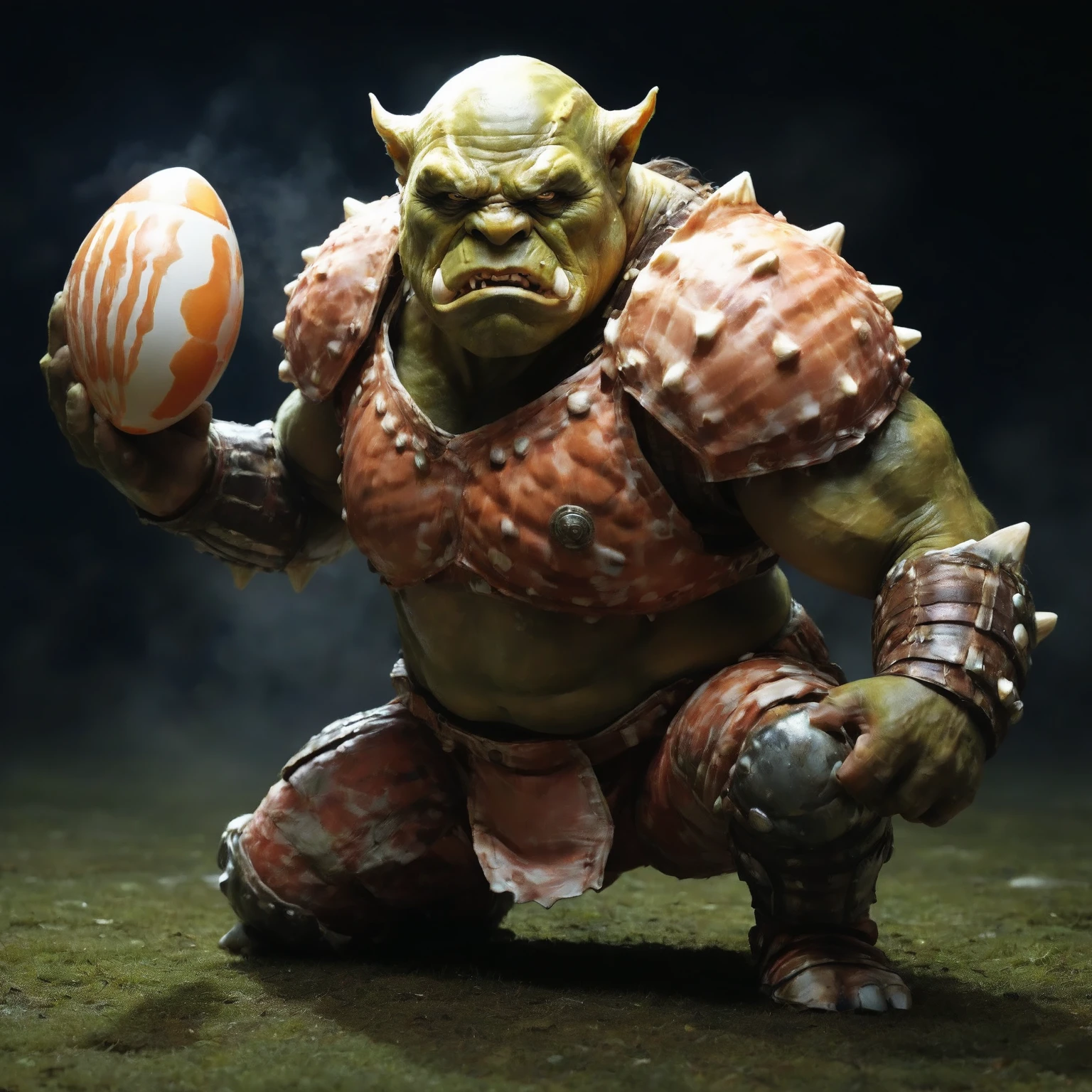 A (painting:1.4) of A female orc linebacker in a defensive line wearing Salmon rugby armor. Standing in an intimidating posture, ready to throw the egg. Strong stadium lights cast strong shadows in the foggy night. Bent forward, furry skin. made of patterned rk-shells