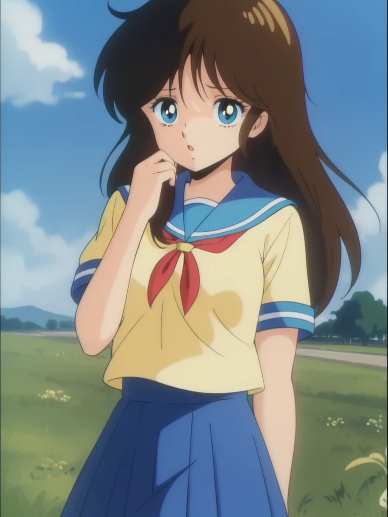 <lora:NonomuraAmi_BeMybaby_Ver2:0.8> NonomuraAmi, brown_hair, blue_eyes, bangs, brown_black_hair, long hair, cowboy Shot,
1girl, solo, school uniform, skirt, blue sky,
1980s \(style\), anime, anime_screencap, animated gif, mp4 ,video, animated,
retro artstyle,