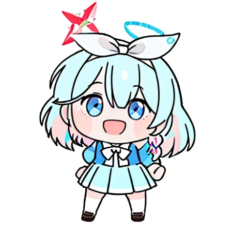 <lora:uma-0000010:1>,full body,standing,simple background,white background,
<lora:Arona_Blue_Archive_LoraV1:1>,1girl,solo,smile,short hair,open mouth,bangs,blue eyes,skirt,bow,ribbon,school uniform,blue hair,pink hair,braid,multicolored hair,arona (blue archive),blue halo,