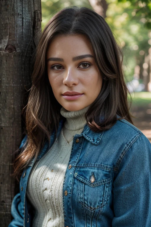 (RAW, analogue, Nikon Z 14mm ultra-wide angle lens, award-winning glamour photograph, ((best quality)), ((masterpiece)), ((realistic)), skin pores, subsurface scattering, radiant light rays, high-res, detailed facial features, high detail, sharp focus, smooth, aesthetic, extremely detailed, (extremely detailed eyes, extremely detailed iris), extremely detailed hair, extremely detailed skin, extremely detailed clothes, octane render, photorealistic, realistic, post-processing, max detail, realistic shadows, roughness, natural skin texture, real life, ultra-realistic, photorealism, photography, 8k UHD, photography, hdr, intricate, elegant, highly detailed, sharp focus, stunning, beautiful, gorgeous), (photorealistic), (realistic), 134mich313, full body, brown hair, brown eyes, (denim jacket:1.3), (black turtleneck sweater:1.1), jeans, lips, outdoors, on a ranch, leaning on a wooden post, looking at viewer, upper body, morning, bright, <lora:Lea_Michele_PMv1_Lora:1.3>,, detailed skin texture, (blush:0.5), (goosebumps:0.5), subsurface scattering, ((Close-Up)), RAW candid cinema, 16mm, color graded portra 400 film, remarkable color, ultra realistic, textured skin, remarkable detailed pupils, realistic dull skin noise, visible skin detail, skin fuzz, dry skin, shot with cinematic camera