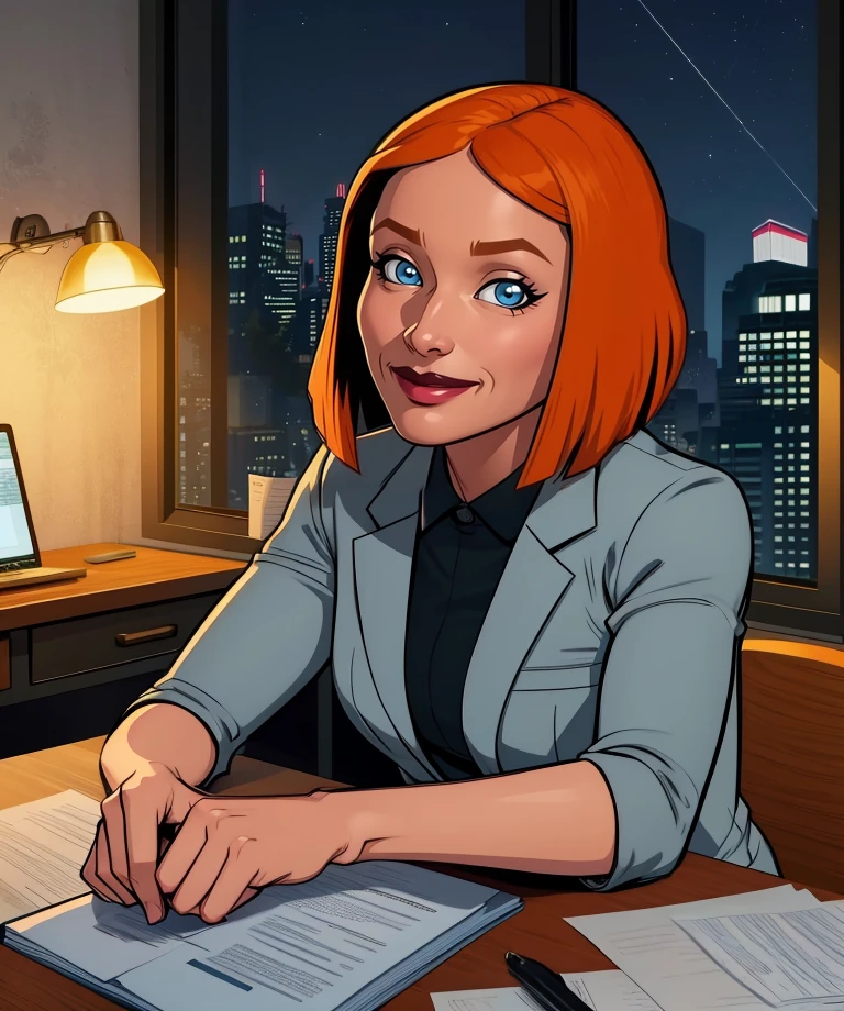judy,blue eyes,orange hair,bob cut,
grey suit,smile,blue skirt,
desk,paperwork,
in office,night,cityscape,
sitting,upper body,
(insanely detailed, beautiful detailed face, masterpiece, best quality) solo,<lora:Birdgirl-12JK:0.8>,