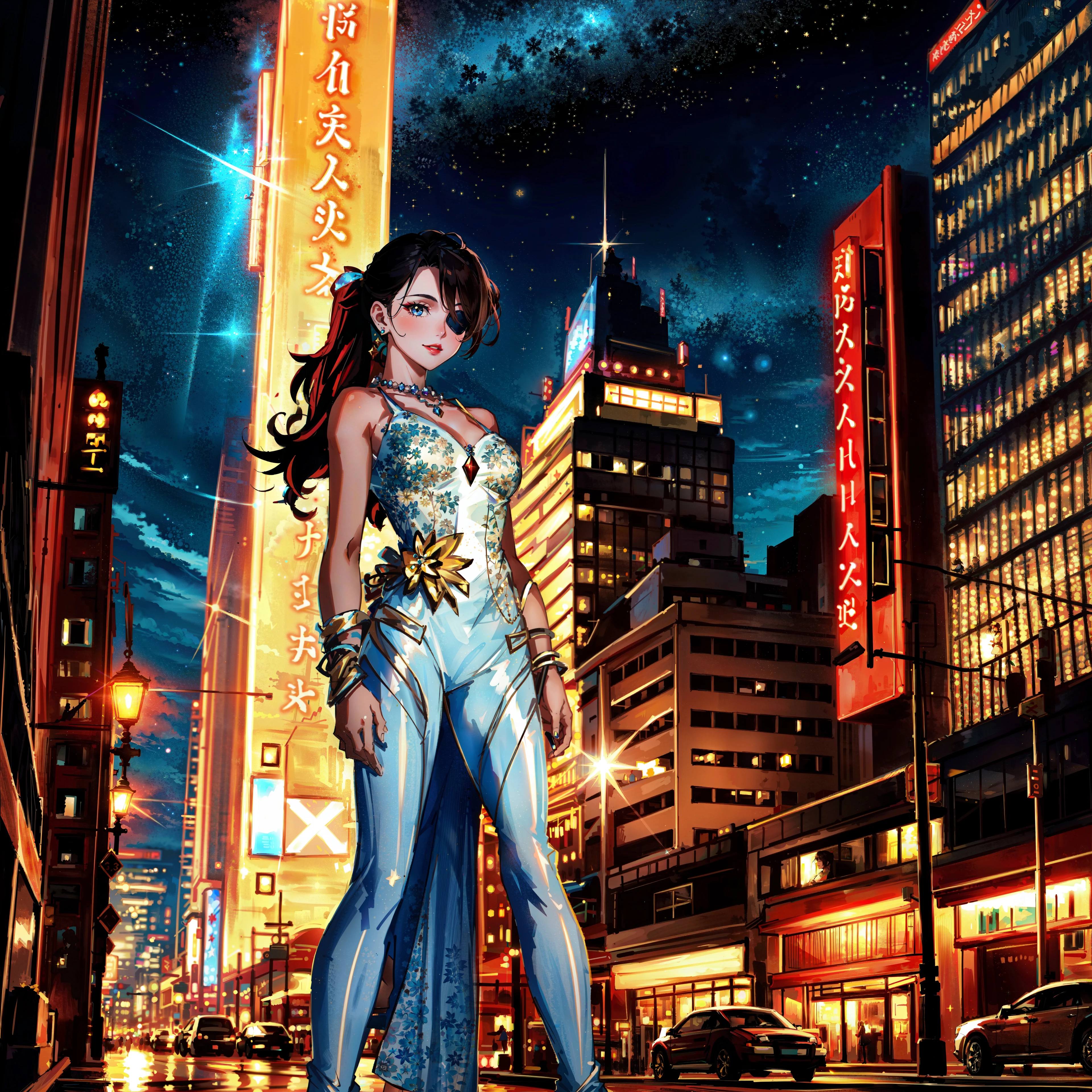 (1girl, full body, woman, at the city, night city, night, city, nightlife, skyscrappers, 3d, realistic, smile, red lipstick, ponytail, eyepatch, necklace, solo, standing, bloom, glow, bokeh, sparkle, magic, jewelry, ornaments, fantasy, best quality, masterpiece, highres, extremely detailed CG, extremely detailed 8K wallpaper, extremely detailed character, solo, sharp focus, dramatic angle, cinematic lighting, (extremely delicate and beautiful:1.2):1.1)