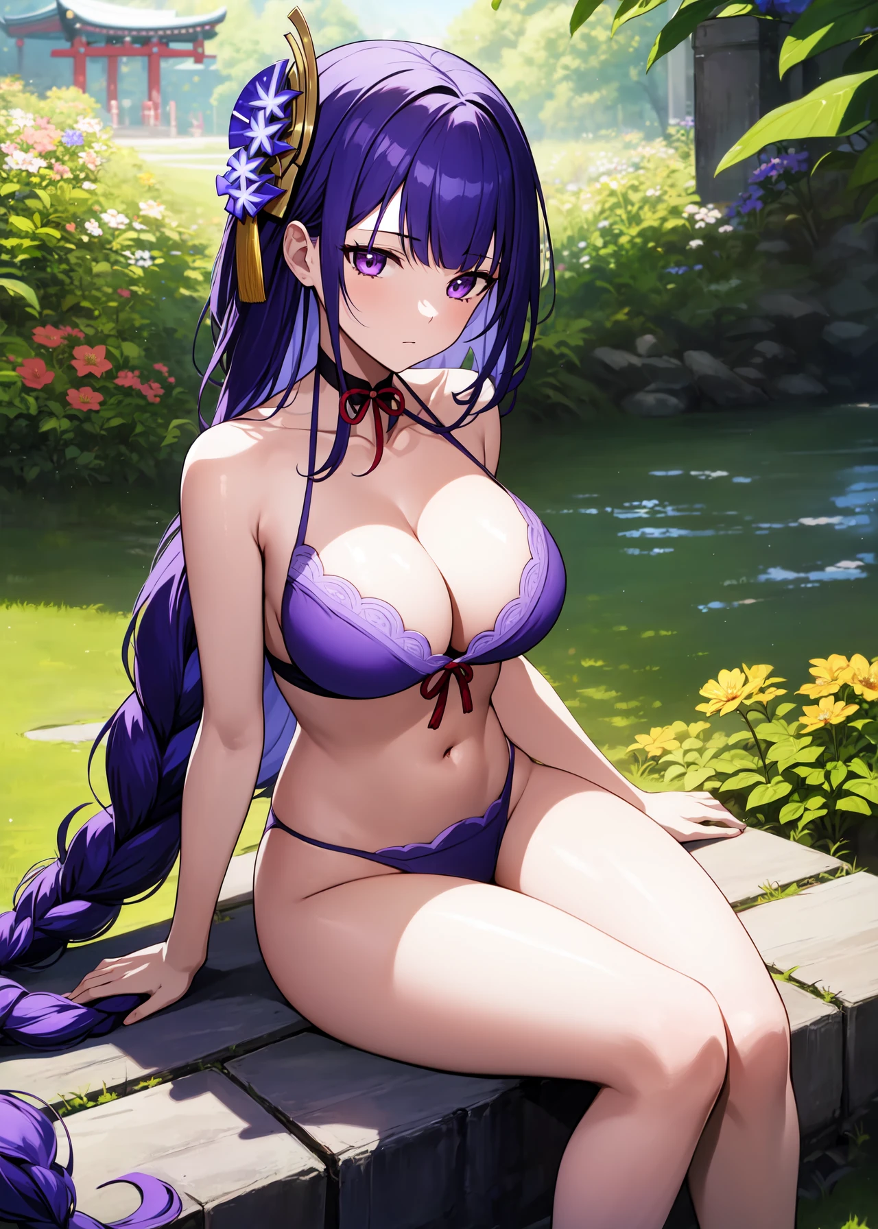 absurdres, highres, (official art, beautiful and aesthetic:1.2), ultra detail, beautiful person,
1girl, solo, long hair, bangs, hair ornament, navel, cleavage, sitting, very long hair, purple eyes, collarbone, purple hair, braid, flower, outdoors, choker, raiden shogun,
 <lora:raiden_divineElegance:0.65>