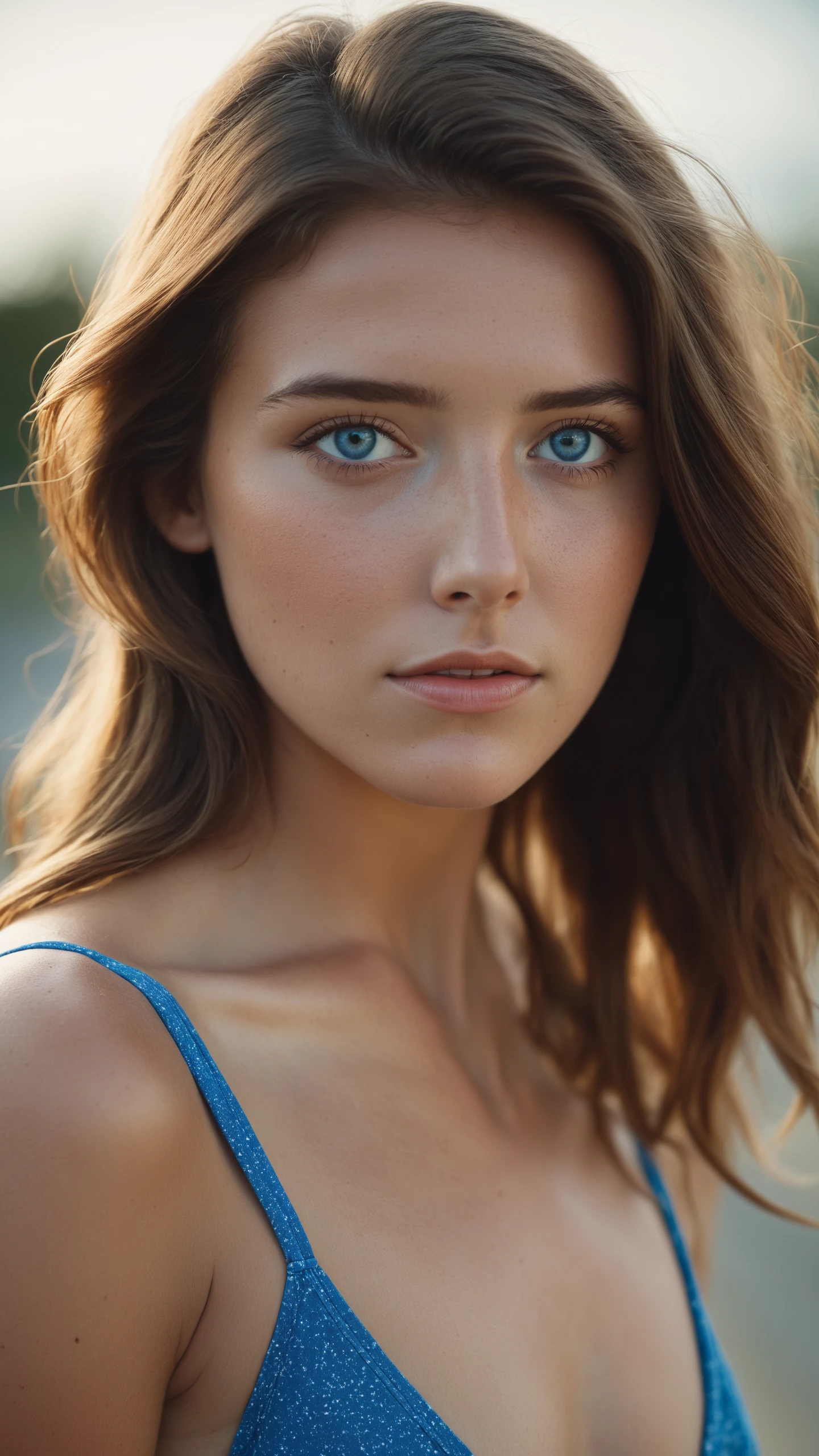 photograph of a cute woman,, (freckles:0.1), (topless:0.1), innocent, Porta 160 color, shot on ARRI ALEXA 65, bokeh, sharp focus on subject, shot by Don McCullin, nsfw, tan lines, (dress:0.8), (long hair), (bikini:0.8), blue eyes, tee-shirt