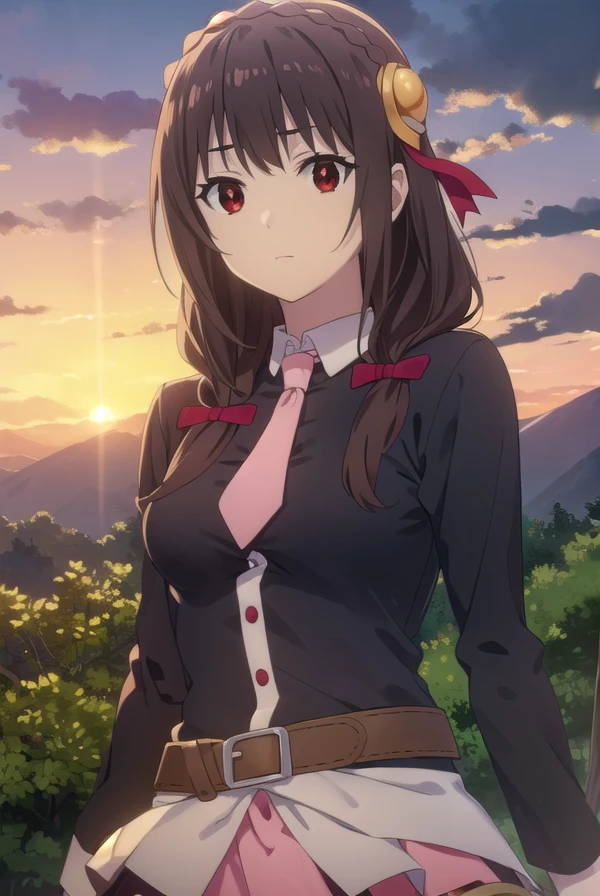 konosubayunyun, <lora:konosuba yunyun movie-lora-nochekaiser:1>,
yunyun, long hair, brown hair, hair ornament, (red eyes:1.3), bow, ribbon, twintails, braid, hair bow,
BREAK skirt, long sleeves, necktie, belt, clothing cutout, cleavage cutout, pink skirt, pink necktie,
BREAK outdoor, forest, nature, trees, village, sky, sun, clouds,
BREAK looking at viewer, (cowboy shot:1.5),
BREAK <lyco:GoodHands-beta2:1>, (masterpiece:1.2), best quality, high resolution, unity 8k wallpaper, (illustration:0.8), (beautiful detailed eyes:1.6), extremely detailed face, perfect lighting, extremely detailed CG, (perfect hands, perfect anatomy),