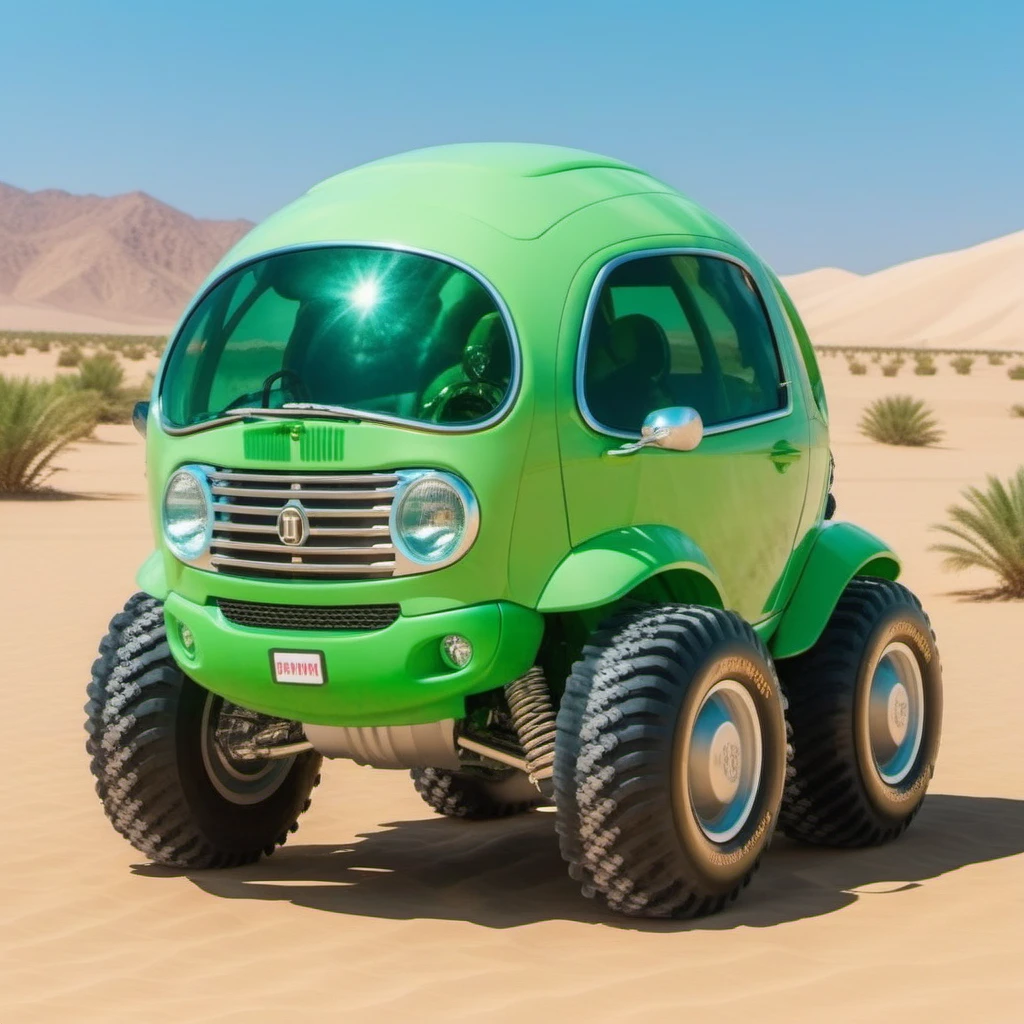 a green bubble monstertruck car, in the desert, highly detailed, attack on titan, photography, ultra sharp, film, professional, 64k <lora:PeaCar1024:0.8> <lora:add-detail-xl:1.5>