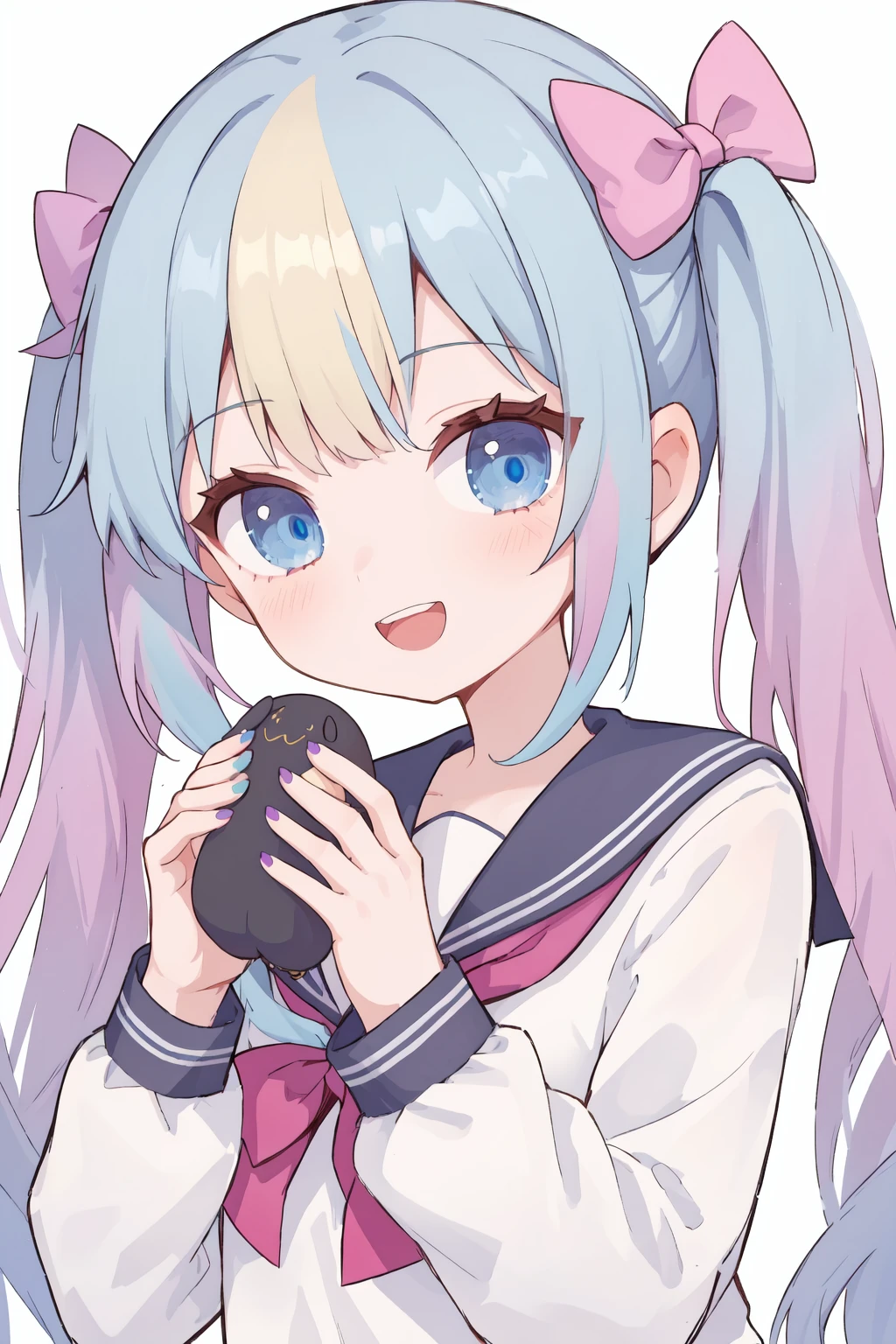 1girl, blue eyes, bow, solo, character doll, quad tails, smile, hair bow, school uniform, pink hair, open mouth, multicolored hair, long sleeves, sailor collar, looking at viewer, shirt, blue hair, bangs, blonde hair, purple bow, blue bow, blush, twintails, upper body, serafuku, blue shirt, holding, black hair, upper teeth only, multicolored nails, long hair, pink bow, :d, gradient hair, blue nails, teeth, lu-style
