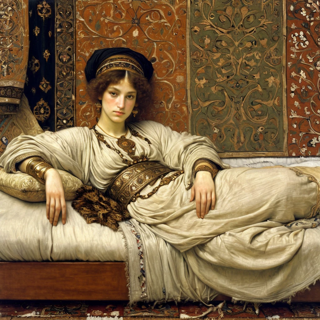 Painting of realistic clothed woman with detailed face laying down in richly decorated byzantine bedroom <lora:Oriental_romantic_paintings_by_Lawrence_Alma-Tadema_Academicism:0.5> AH_Tadema
