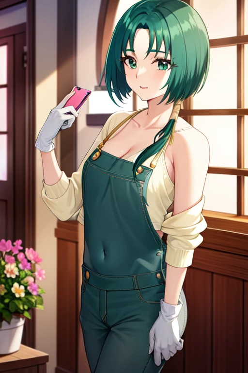 akimotokomachi, overalls, hair over shoulder, cellphone, navel, white gloves, flower, window, jacket, cleavage