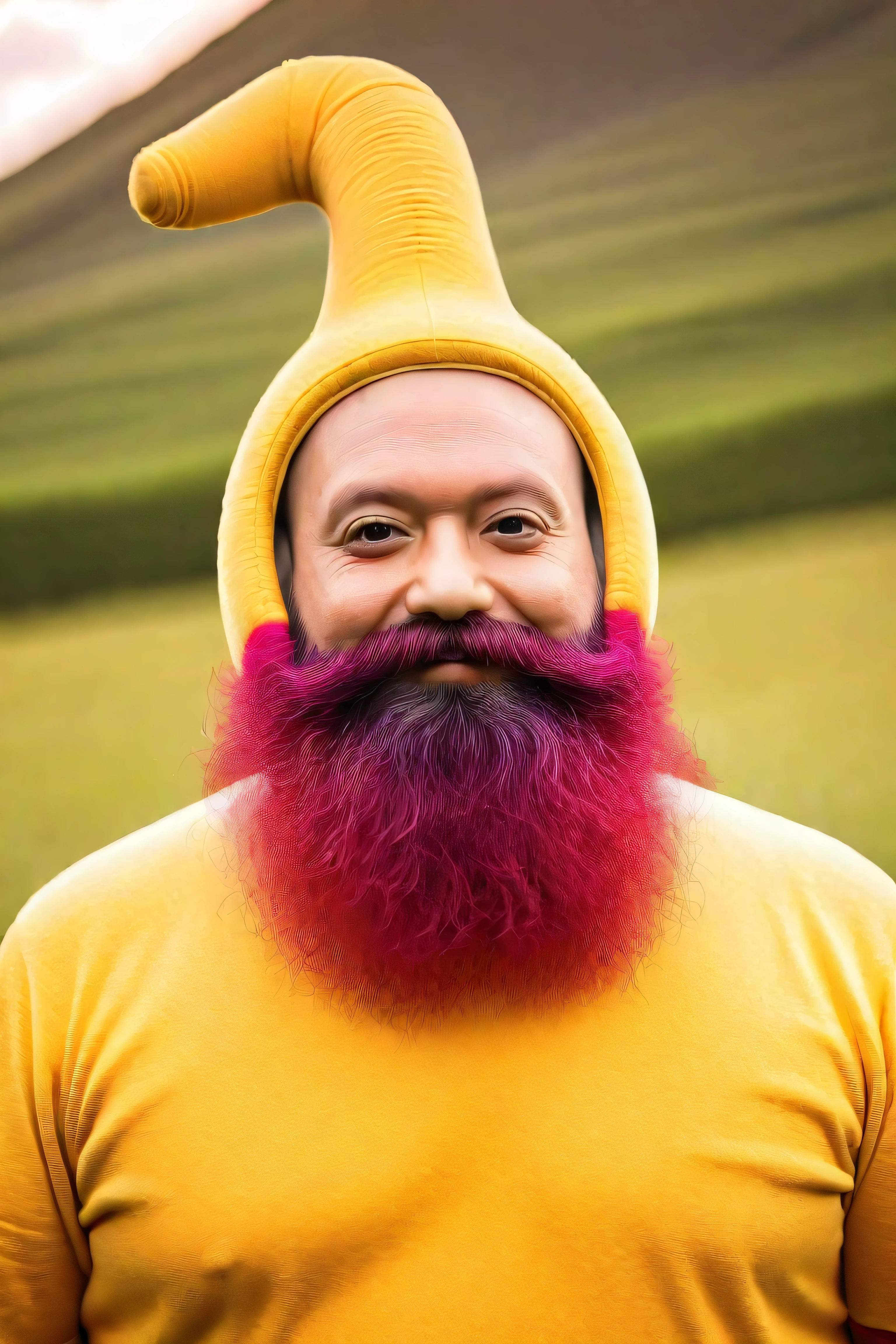 Teletubby po with a beard, award winning photo, beautiful portrait, 8k, best quality, outdoors background 