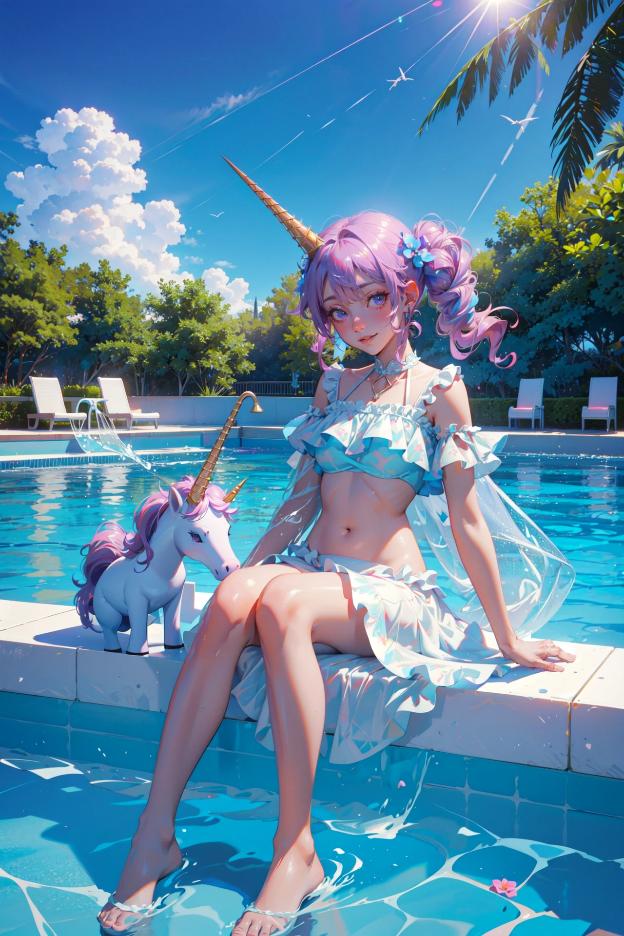 ((best quality, masterpiece, absurbres, super-resolution)), In the pool in the garden of the resort, 1girl, lacey frill bikini, smile, having fun, joyful, summer, sunshine, kawaii unicorn float, barefoot, pool party