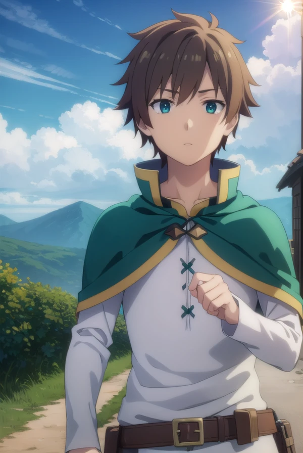 kazumasatou, <lora:kazuma satou movie-lora-nochekaiser:1>,
kazuma satou, short hair, brown hair, (green eyes:1.3), male focus,
BREAK shirt, long sleeves, white shirt, belt, pants, capelet, brown belt,
BREAK outdoor, forest, nature, trees, village, sky, sun, clouds,
BREAK looking at viewer, (cowboy shot:1.5),
BREAK <lyco:GoodHands-beta2:1>, (masterpiece:1.2), best quality, high resolution, unity 8k wallpaper, (illustration:0.8), (beautiful detailed eyes:1.6), extremely detailed face, perfect lighting, extremely detailed CG, (perfect hands, perfect anatomy),