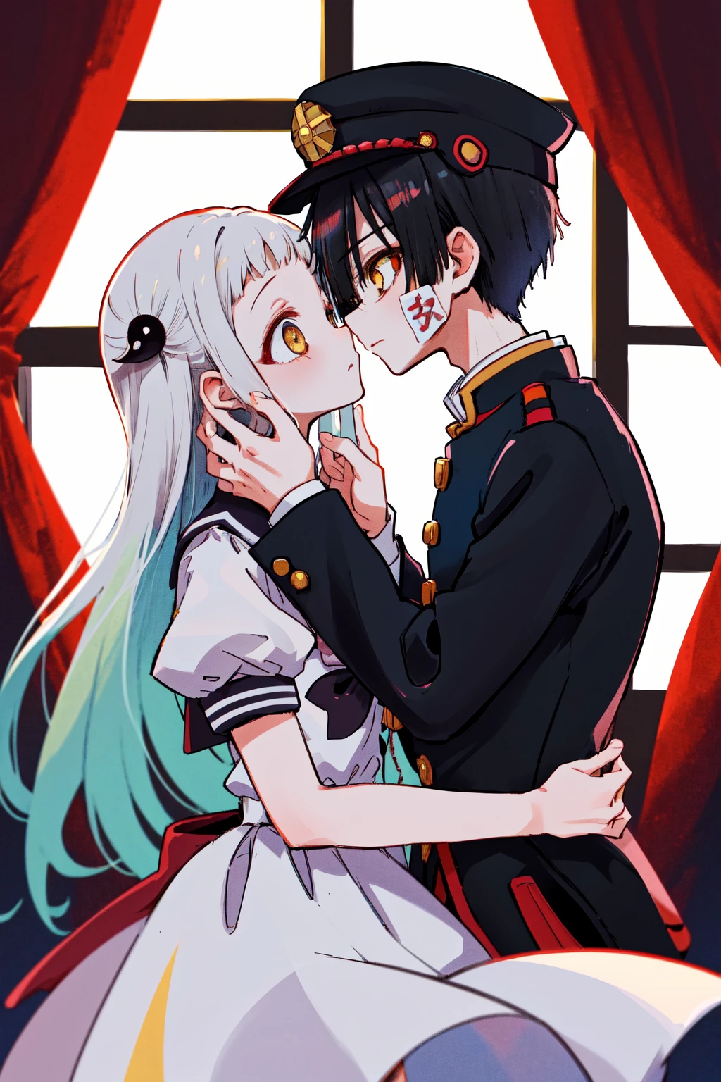 masterpiece, best quality, highres, 1boy hanako yellow eyes, black jacket gakuran hat, 1girl nene red eyes, white dress sailor collar puffy sleeves <lora:hanako_nene_1:1> [kiss::0.3]
