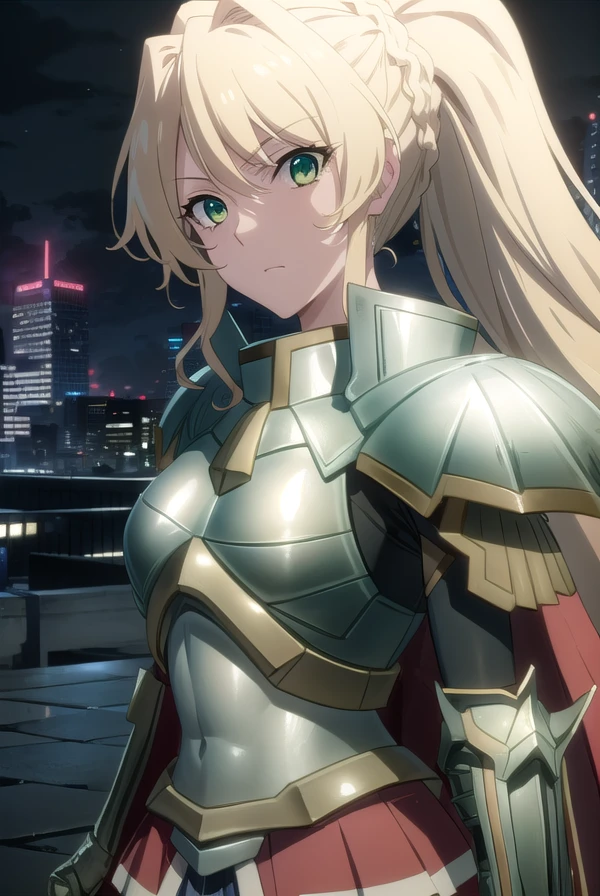 alicetariafebruary, <lora:alicetaria february s1-lora-nochekaiser:1>,
alicetaria february, long hair, (green eyes:1.3), blonde hair, ponytail, braid,
BREAK skirt, cape, armor, gauntlets, breastplate, red cape,
BREAK outdoor, city, night, sky, buildings, moon, clouds,
BREAK looking at viewer, (cowboy shot:1.5),
BREAK <lyco:GoodHands-beta2:1>, (masterpiece:1.2), best quality, high resolution, unity 8k wallpaper, (illustration:0.8), (beautiful detailed eyes:1.6), extremely detailed face, perfect lighting, extremely detailed CG, (perfect hands, perfect anatomy),