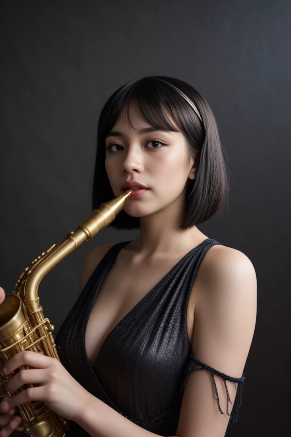 7. A female jazz musician (ethnicity: Mixed race, age: mid-30s) in a smoky, vintage jazz club (setting: 1920s, atmospheric). She's wearing a glamorous, fringe flapper dress (fabric: shimmering silk) with a feathered headband. Her hairstyle is a stylish bob, and her makeup is bold and dramatic. She's passionately playing the saxophone (detail: gleaming brass), lost in the rhythm and mood of the music, with a backdrop of dim, moody lighting and an engaged audience.