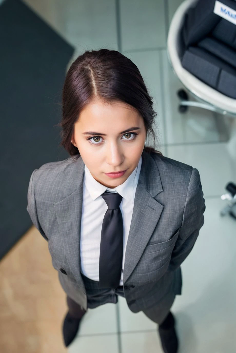 Instagram picture of a 18 years old beautiful woman, wearing a charcoal grey business suit with a tailored fit, teeming expo, learning new things, closeup from above, epic character composition,by ilya kuvshinov, alessio albi, nina masic,sharp focus, subsurface scattering, f2, 35mm, film grain <lora:paulash:1>