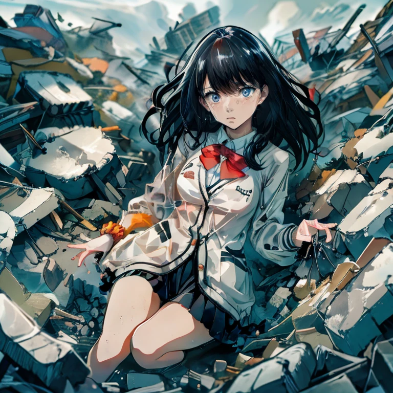 ((top quality, 8k wallpaper)),(masterpiece, best quality),extremely detailed,high definition,(official art:1.3),(((anime screencap,black outline))),<lora:more_details:0.3>,<lora:LCM_LoRA_Weights_SD15:1>,1girl,solo,tears,tearing up,crying,sweat,sweatdrop,wet hair,looking at viewer,
BREAK
<lora:takarada_rikka_v1:1>, rikka1,1girl,takarada rikka,black hair,solo,blue eyes,wrist scrunchie,long hair,red socks,school uniform,black skirt,bangs,pleated skirt,orange scrunchie,red bow,white cardigan,long sleeves,bowtie,white shirt,miniskirt,white sweater,
BREAK
<lora:underDebris:0.4>,(((surroundedDebris,rubble,debris, portrait, close-up, breast apart, breast focus, breast lift, grabbing own breasts))),