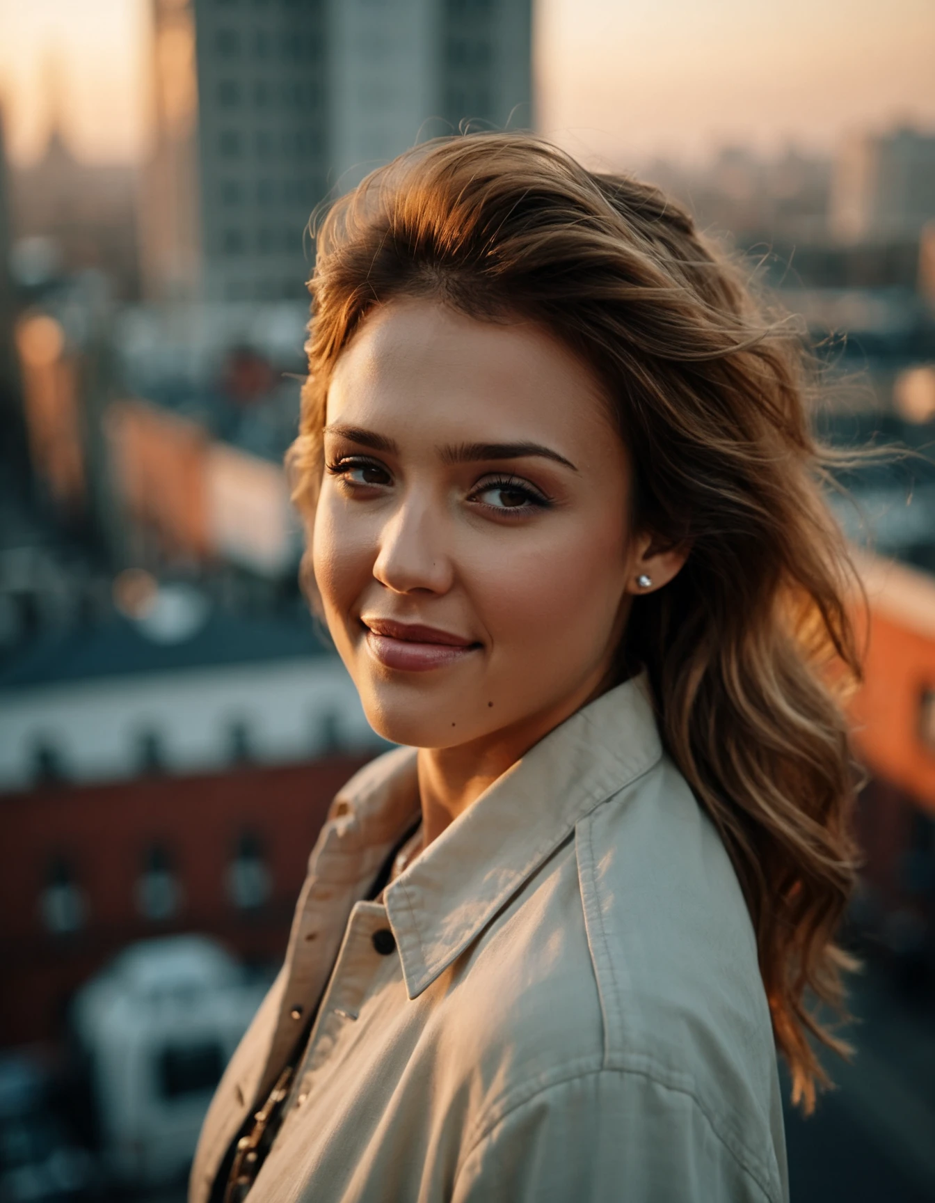 cinematic photo professional fashion close-up portrait photography of a beautiful (((ohwx woman))) at asbestos building roof during Sunrise, Nikon Z9 <lora:jessica_alba_sdxl_dh128_v1:1.05> . 35mm photograph, film, bokeh, professional, 4k, highly detailed
