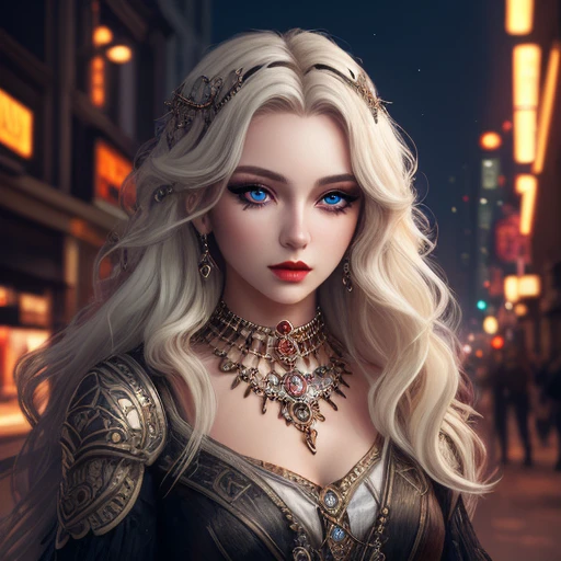 fantasy beauty: a mysterious and charming girl,have long hair,light -colored eye shadow and gorgeous jewelry,<lora:é»çç稿:1>,, masterpiece,best quality,CG 8k wallpaper,illustration,absurdres, city lights,